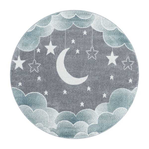 4738.jpg Rond Kindervloerkleed voor Kinderkamer met Maan en Sterren Design Laagpolig Blauw