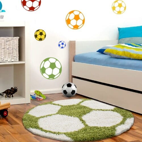 Rond Kindervloerkleed Voetbal Design voor Kinderkamer Groen