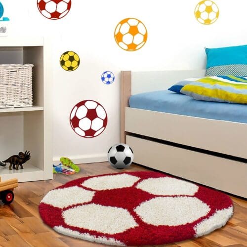 1017.jpg Rond Kindervloerkleed Voetbal Design voor Kinderkamer Rood