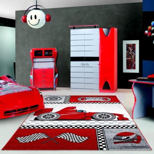 124.jpg Kindervloerkleed Racewagen Design voor Kinderkamer Rood
