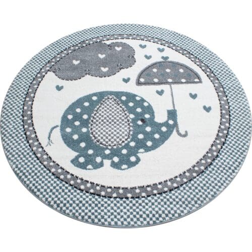 Rond Kindervloerkleed Mini Olifant Design voor Kinderkamer Blauw