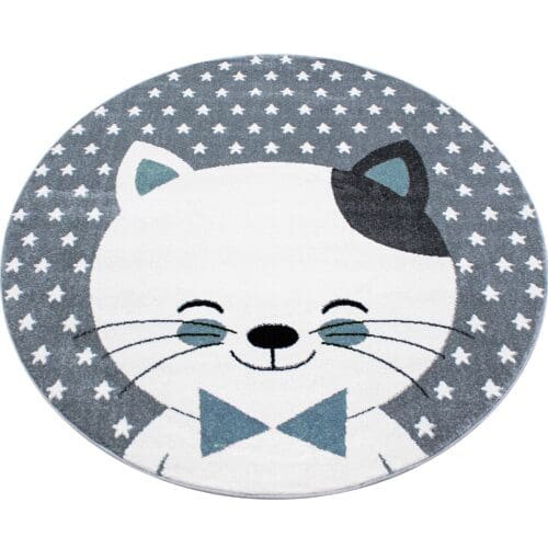 Rond Kindervloerkleed Kitten Design voor Kinderkamer Blauw